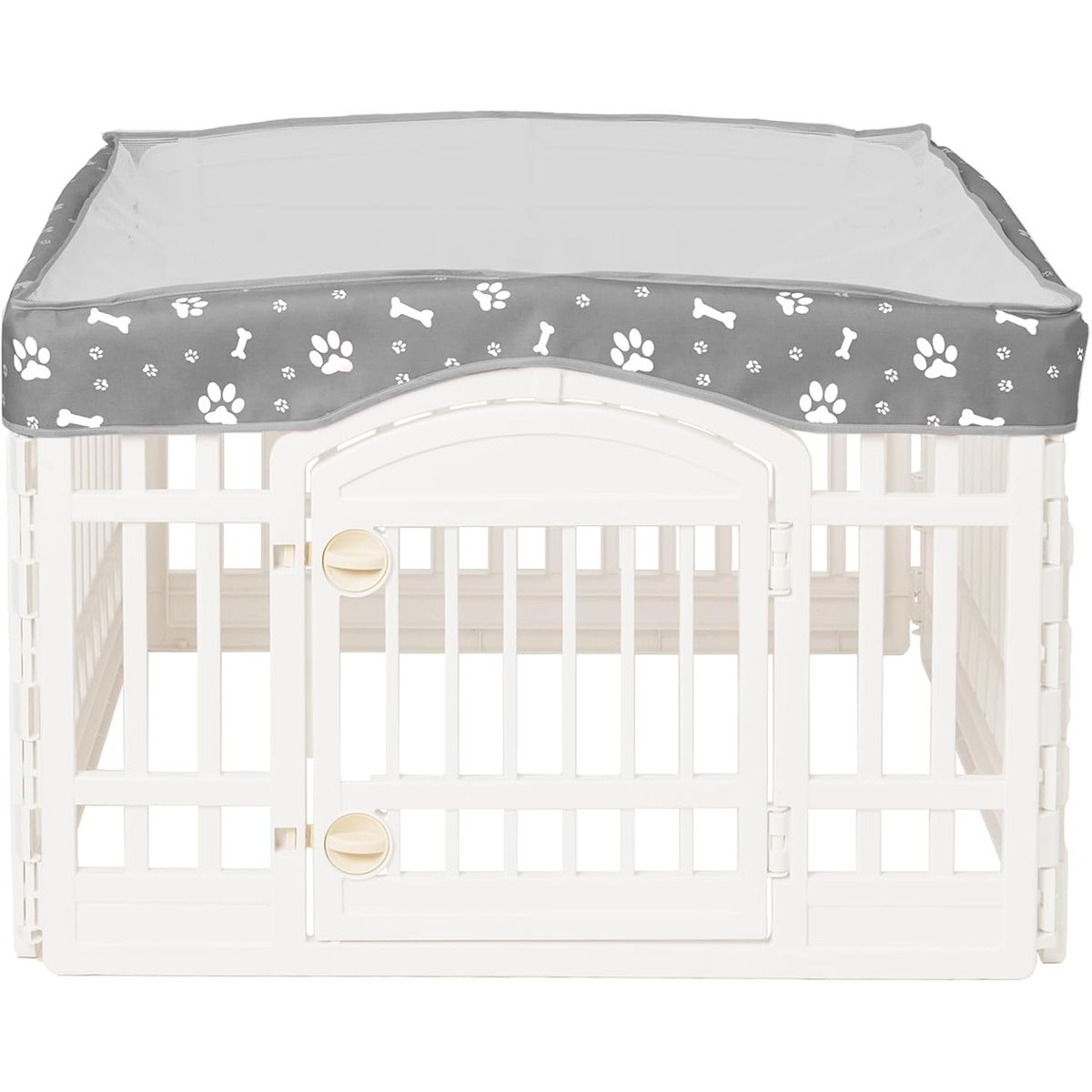 36 Inch Dog Playpen Mesh Top Cover With 4-panel Design & Arch Door - Durable Mesh Pet Tent For Indoor/outdoor Use, Spacious Ventilated Canopy With Paw Print Pattern - Fits 36 Square Playpens (playpen