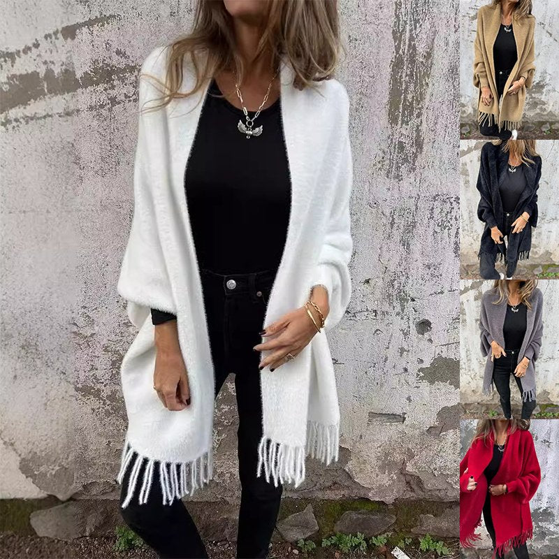 Batwing Sleeve Knitted Cardigan Shawl with Tassel Design