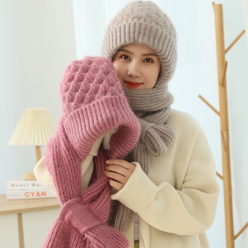 Double Layer Warm Wool Knitted Scarf and Hat Set