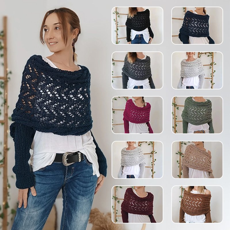 Women's Hollowed-out Double Sleeve Shawl Collar Knitted Shawl for Autumn Winter