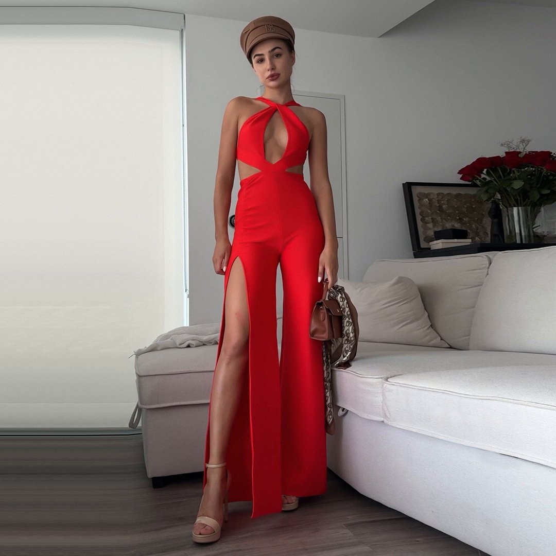 Sexy Bandage Jumpsuit for Women - High Slit, Sleeveless Design