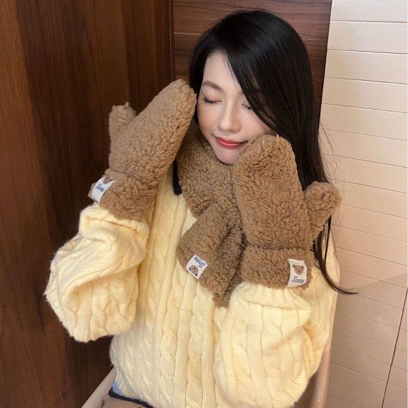 Cozy Cartoon Bear Plush Gloves & Scarf Set