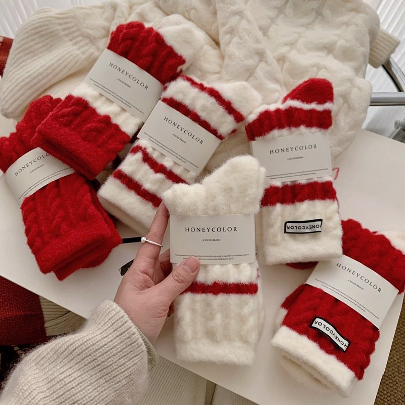 Warm Red Stripe Mid-Calf Socks for Women