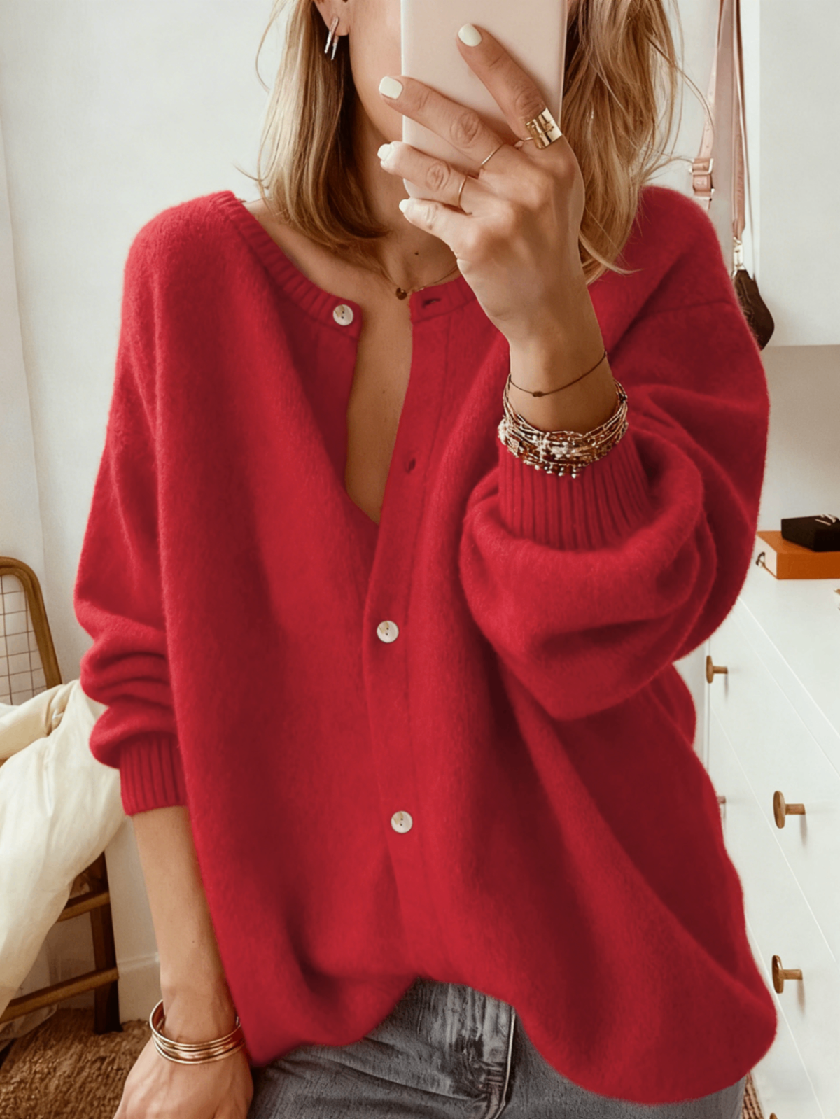 Oversized Crew Neck Button Knit Cardigan Women Soft Puff Sleeve Sweater Coat