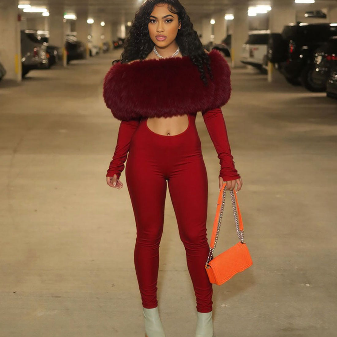 Sexy Off-Shoulder Furry Stitching Long Sleeve Jumpsuit