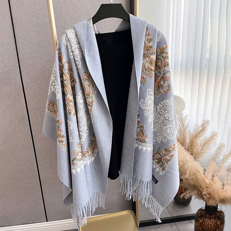 Warm Cashmere Scarf for Women, Floral Embroidered, Thickening, Tassel Design