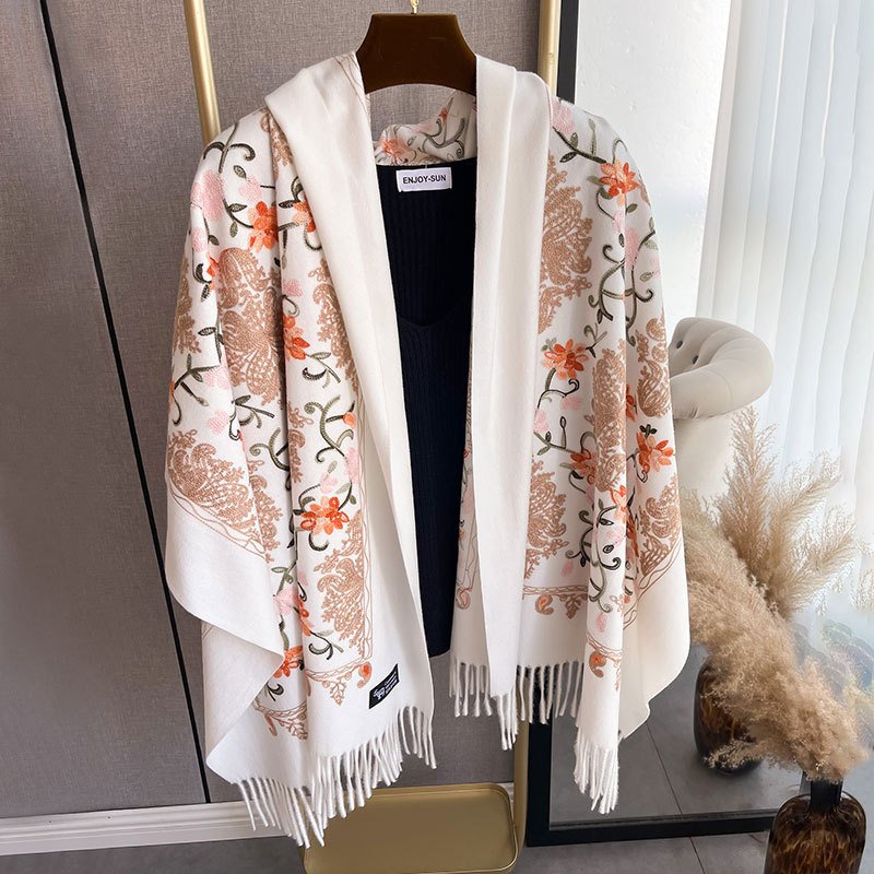 Warm Cashmere-Like Embroidery Tassel Scarf