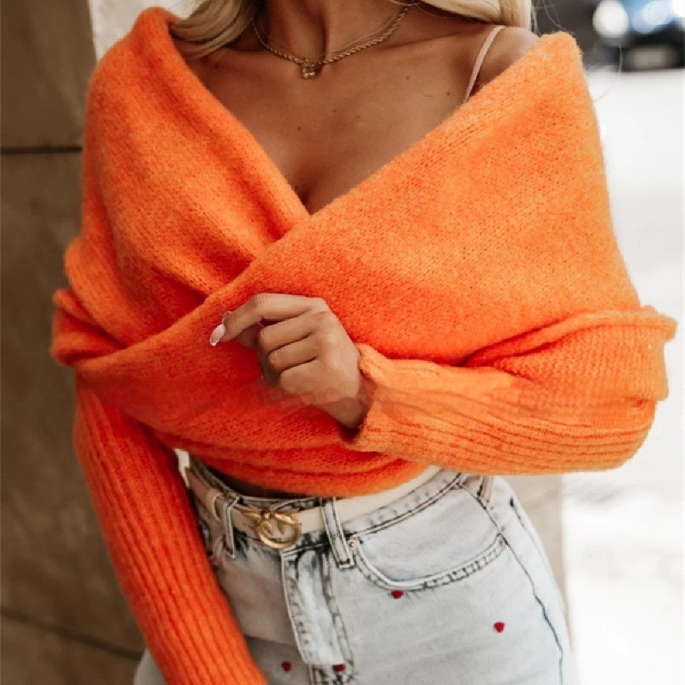 Off-the-Shoulder V-Neck Sweater Multi-Color Shawl