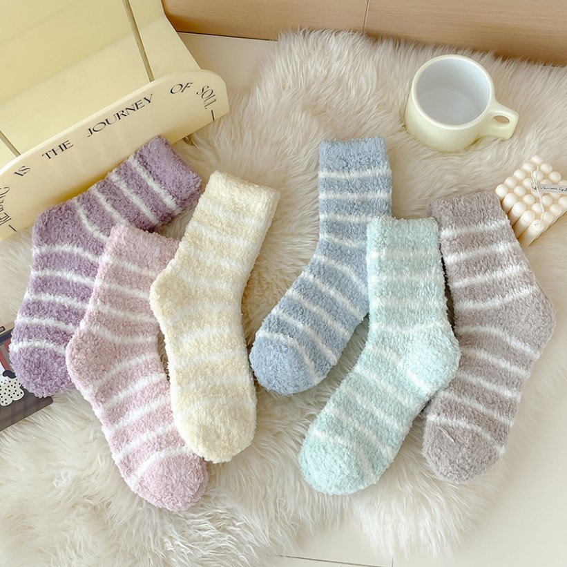 Extra Thick Women's Striped Socks, Soft Coral Fleece, No Shedding