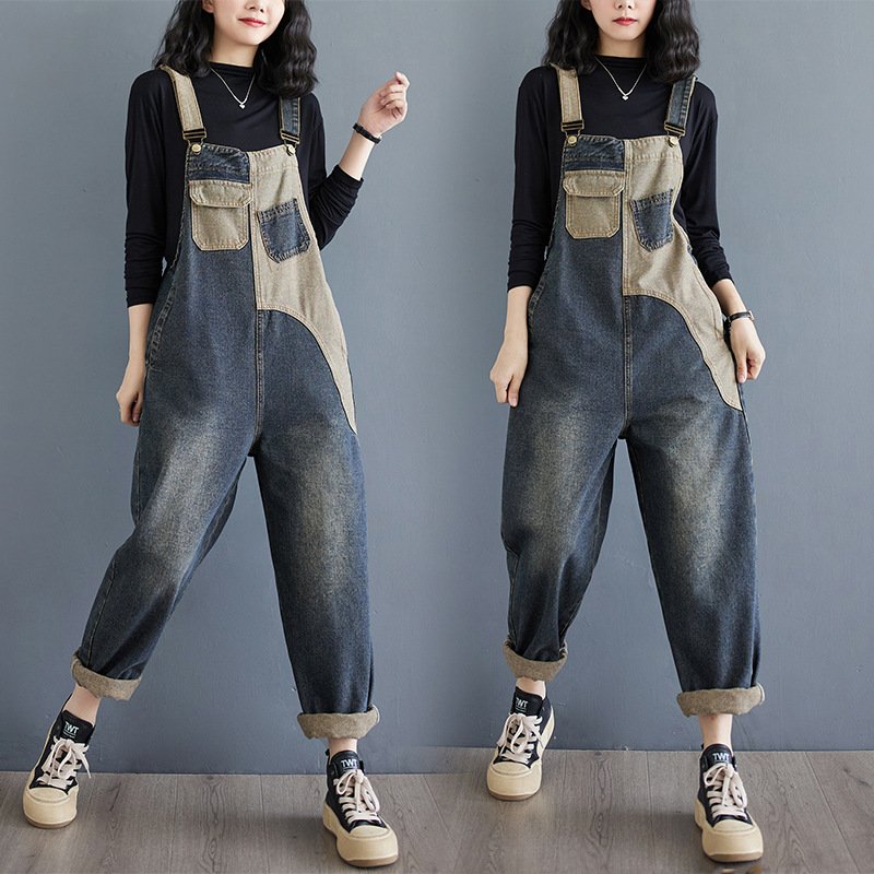 Plus Size Loose Denim Suspender Pants for Women