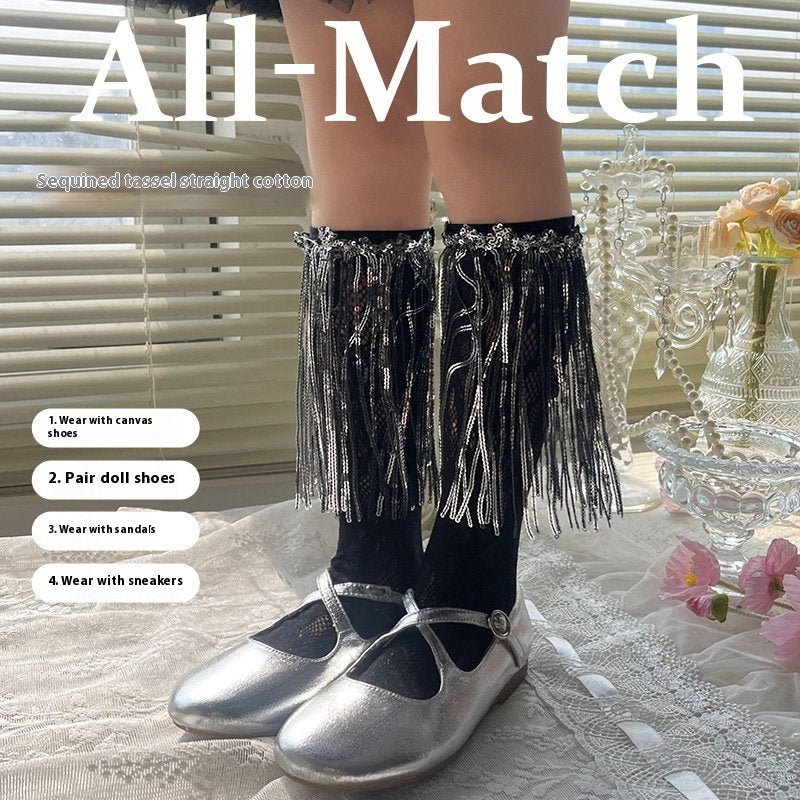Sequin Tassel Calf Socks for Women