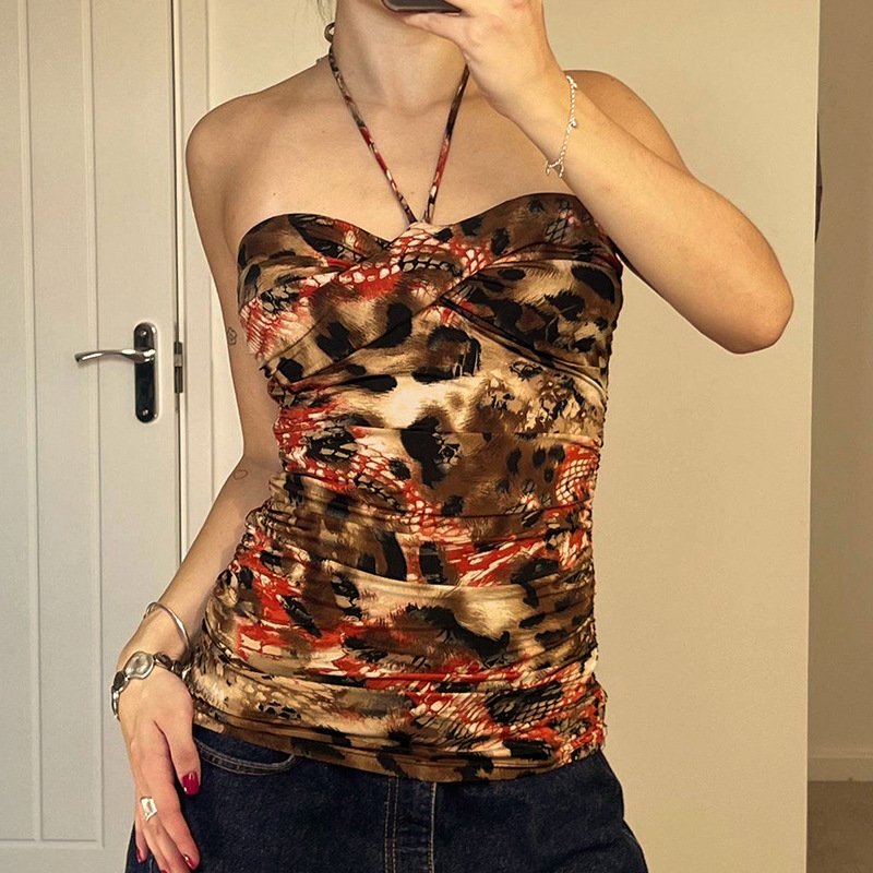 Retro Halter Vest for Women - Brown Abstract Print