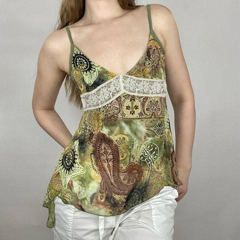 Retro Chic Sling Top Vest - Green Abstract Print