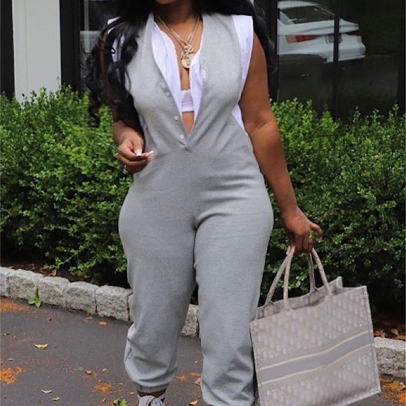 Gray Harajuku-Style Sleeveless Jumpsuit for Women
