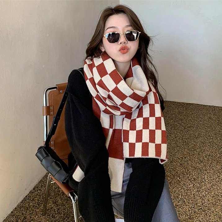 Warm Red Plaid Wool Scarf for Women