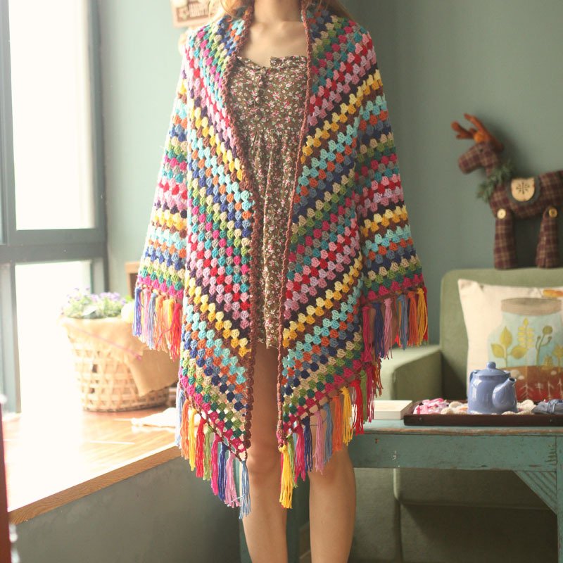 Vintage Multicolored Tassel Shawl Scarf Cape