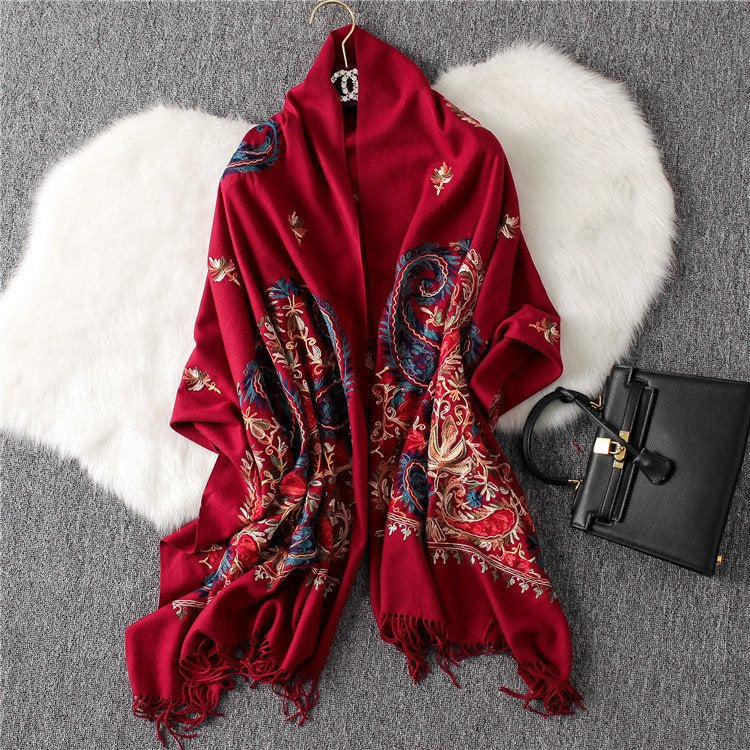 Warm Women's Embroidered Shawl - 8 Color Options