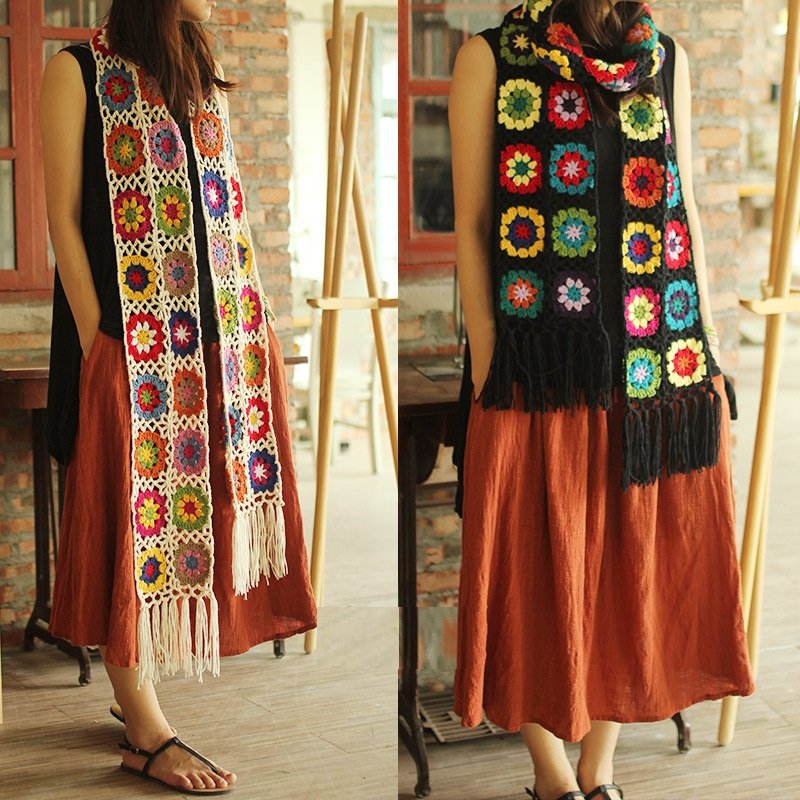Vintage Mori Style Wool Flowers Crochet Scarf Shawl for Women