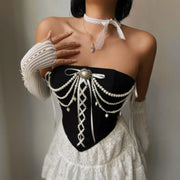 Sexy Off-the-Shoulder Velvet Camisole with Pearl Chain Details
