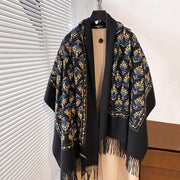 Warm Cashmere Scarf with Embroidery Long Fringe