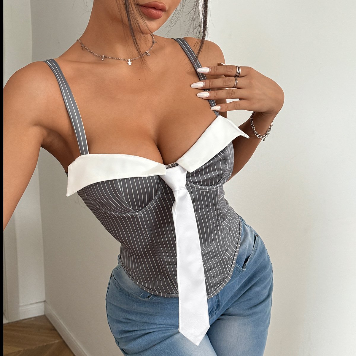 Contrast Fishbone Cami Top with Tie Stitching