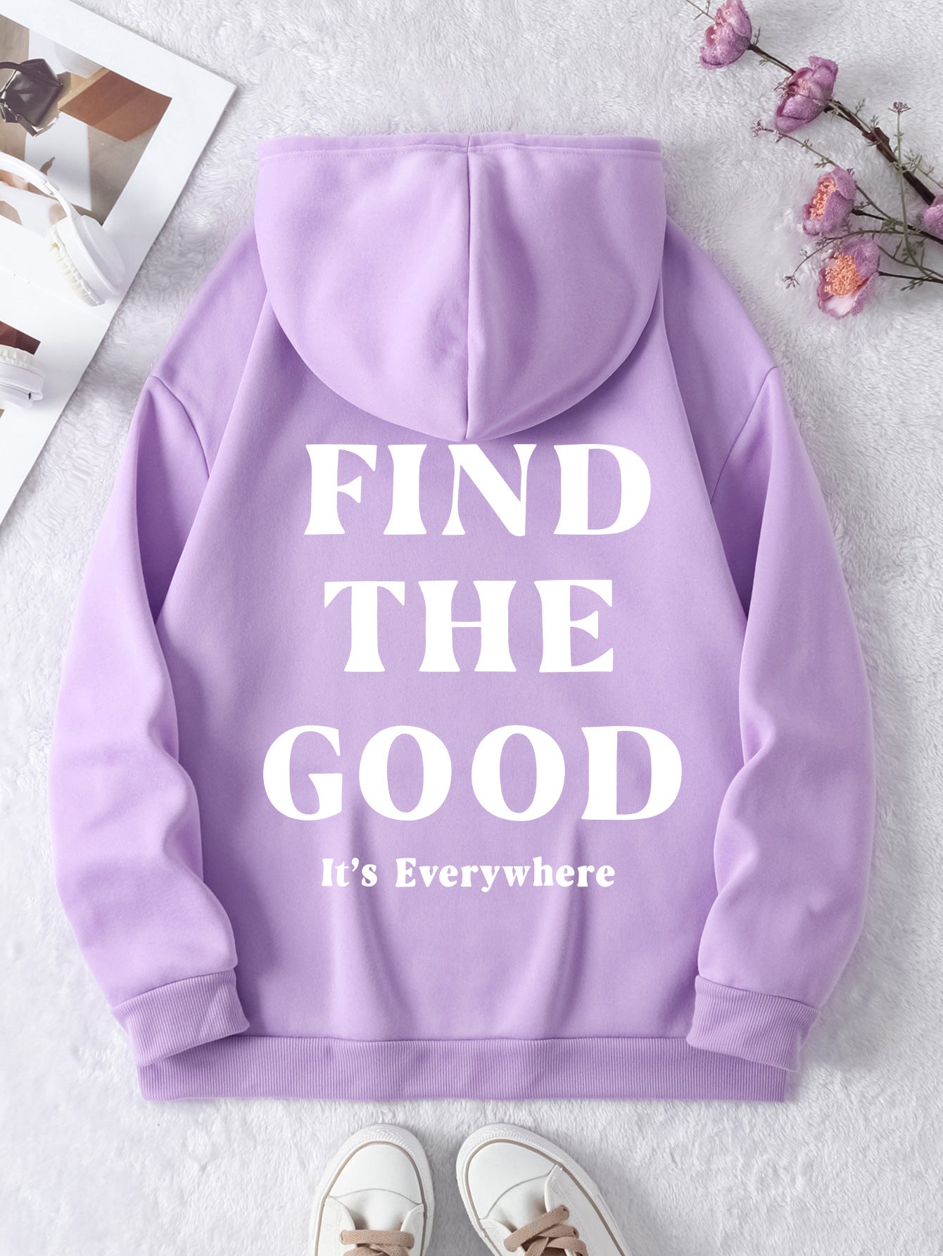 Cozy Brushed Letter Print Pullover Hoodie for Women