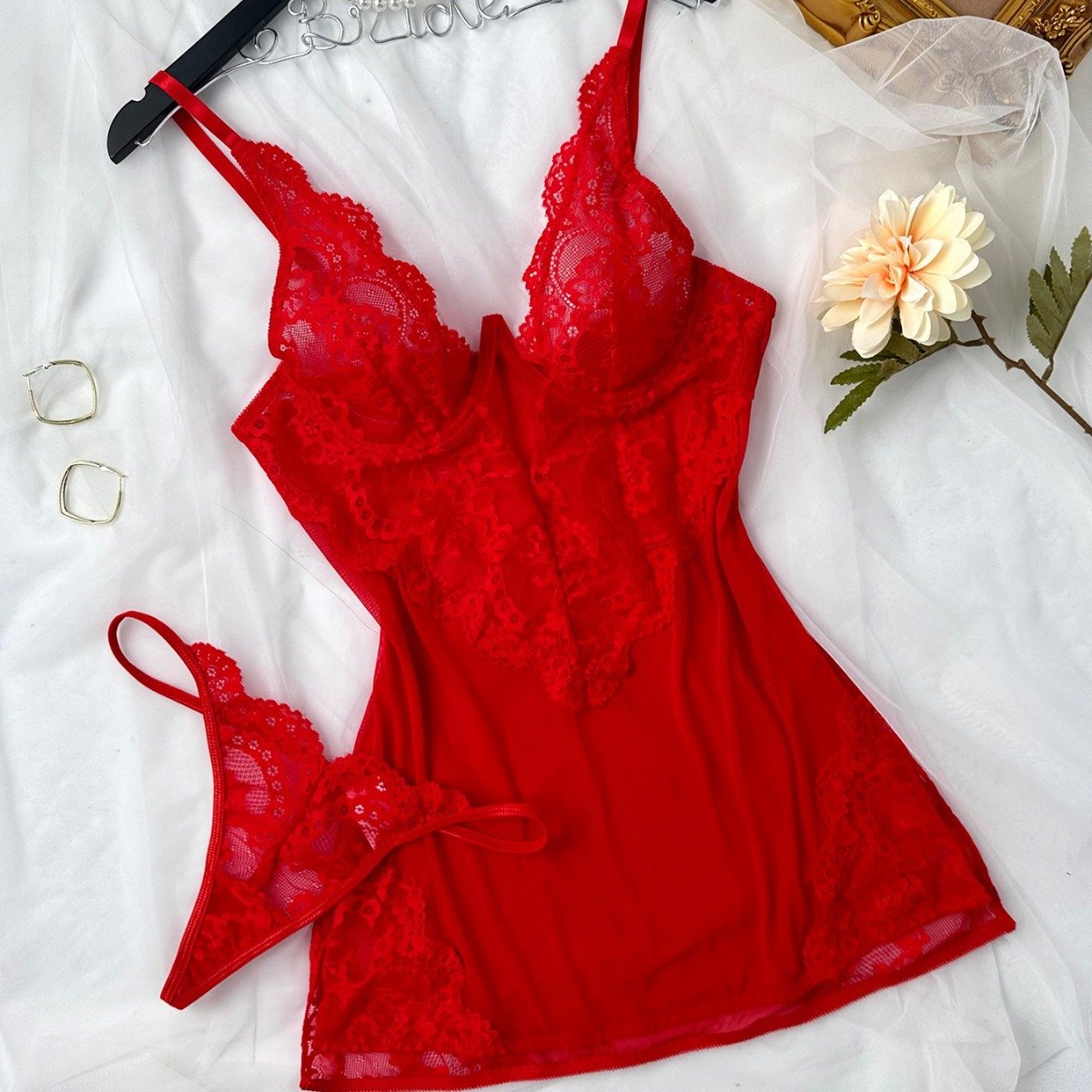 Sexy Cutout Pajamas for Women - See-through Lace Sling Tulle Set