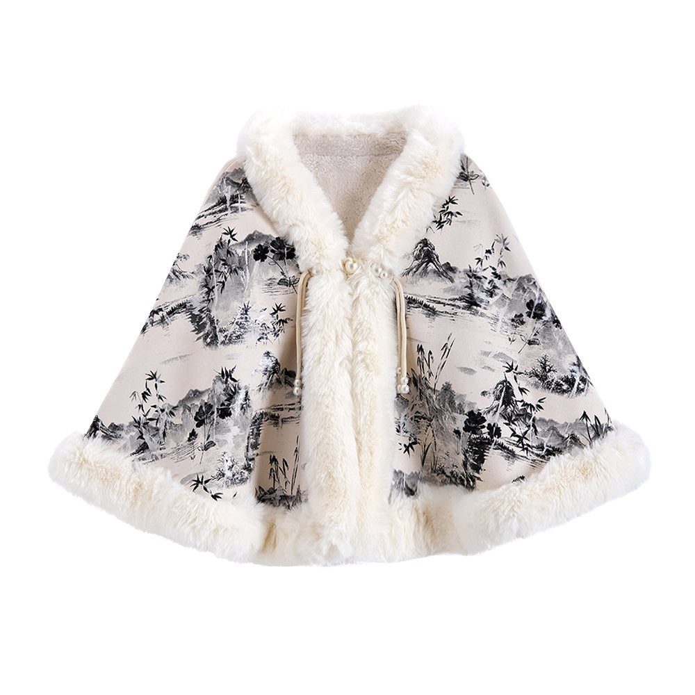 Winter Geometry Print Big Fur Collar Cape & Shawl