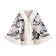 Winter Geometry Print Big Fur Collar Cape & Shawl