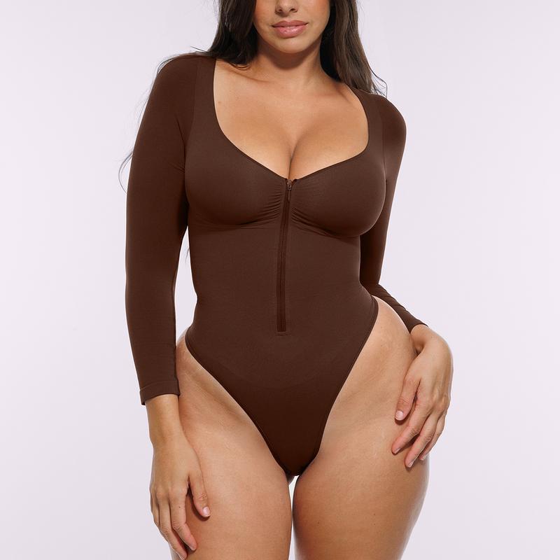 Women's Solid Color Long-Sleeve Half-Zip Shaping Jumpsuit
