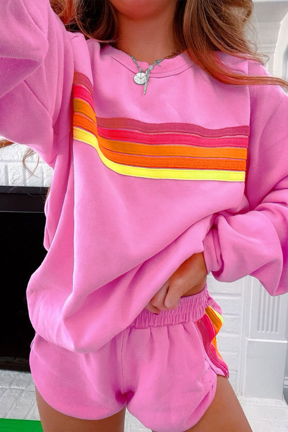 Bonbon Striped Accent Pullover And Shorts Two Piece Casual Set