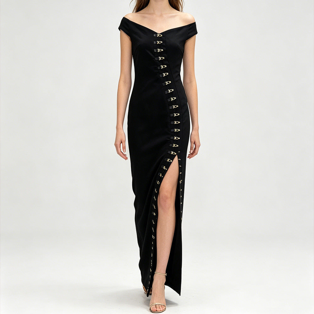 Off-Shoulder Metal Button Slit Maxi Dress