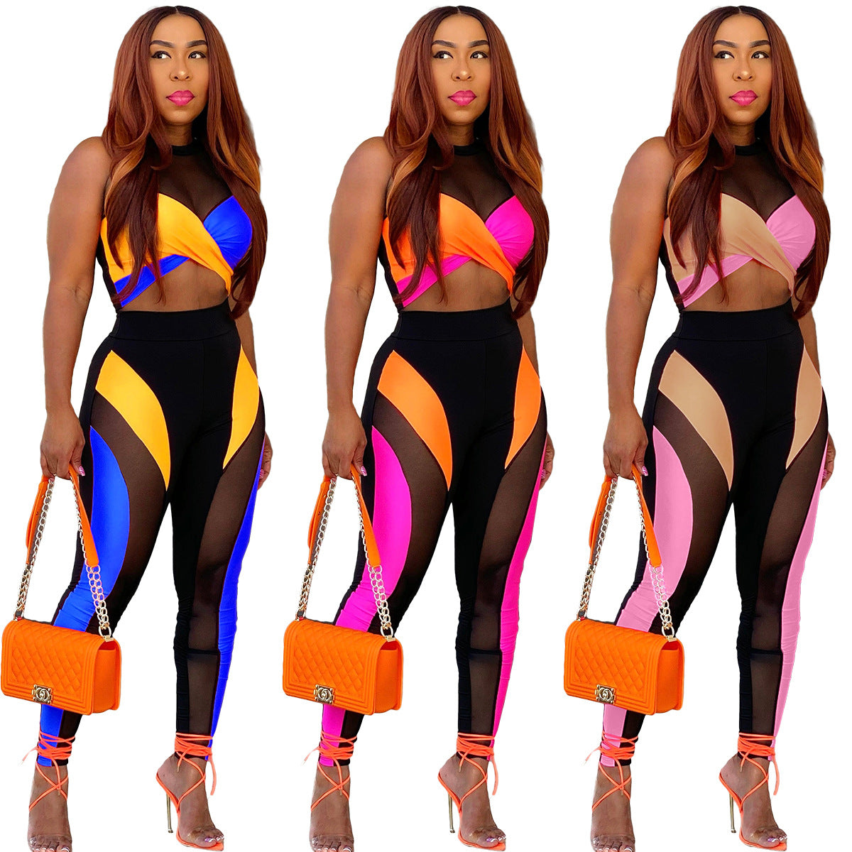 Color-Block Mesh Sexy Two-Piece Vest & Pants Set