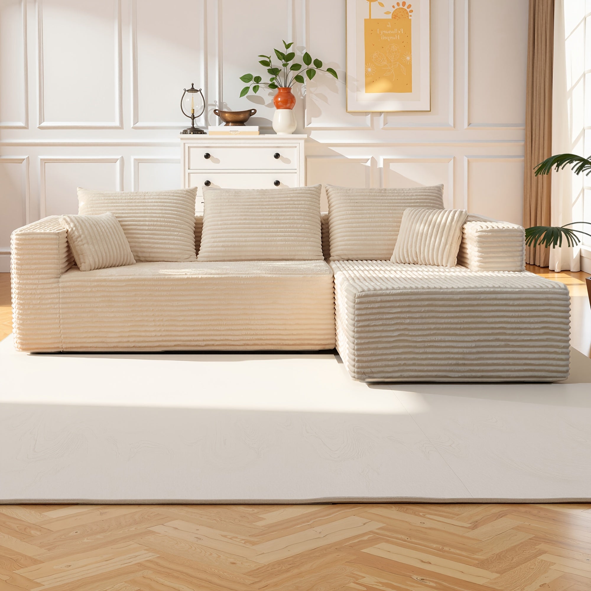 Modular L-shaped chaise longue sofa bed with deep seat and corduroy upholstery