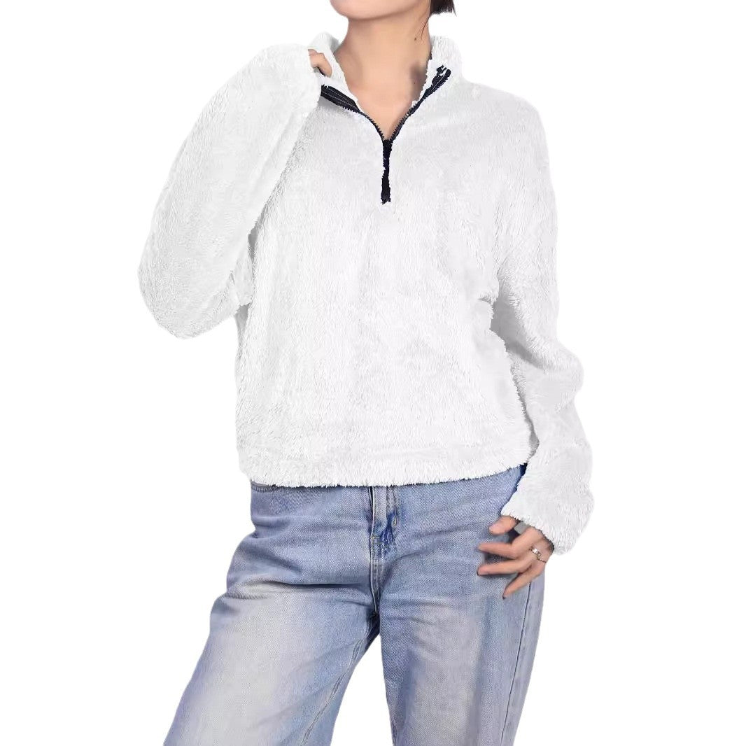 Thermal Half-high Collar Long Sleeves Zipper Design Loose Casual Top