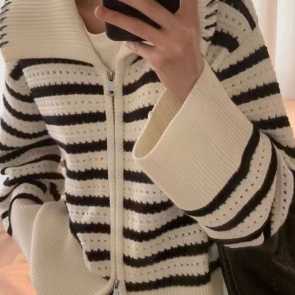 Chic Striped Knit Cardigan Sweater