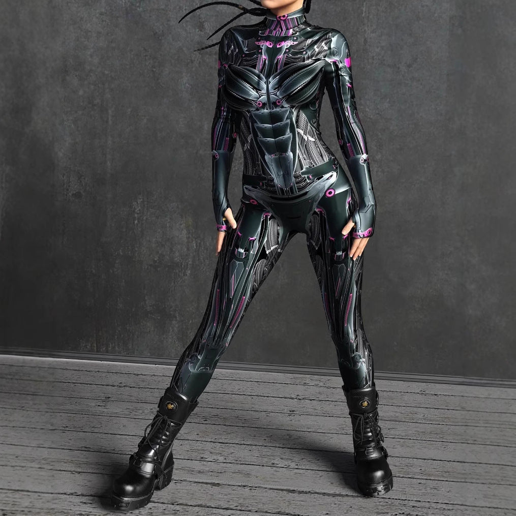 Edgy 3D Skull Print Form-Fitting Women's Bodysuit