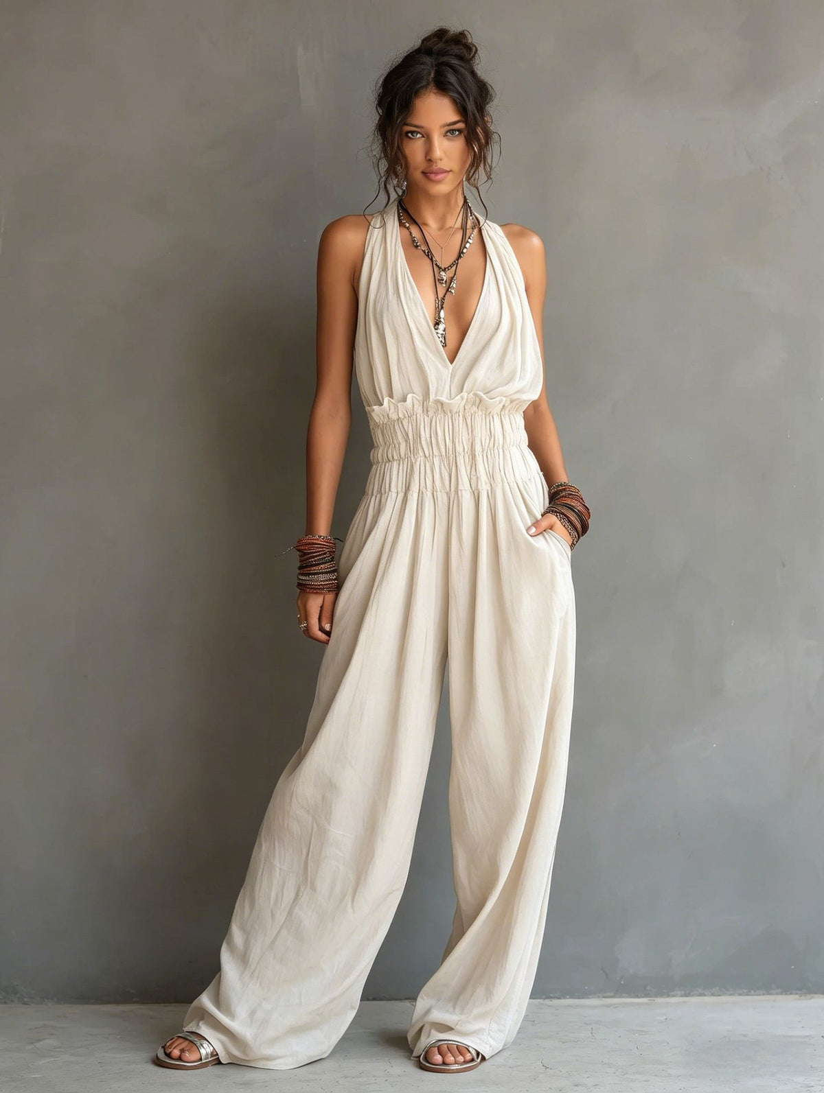 Halter V-Neck Waist-Cinching One-Piece Jumpsuit