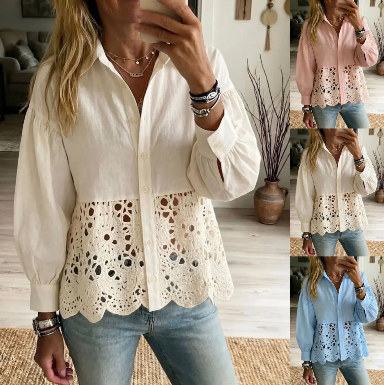 AliExpress Europe And US Cross-Border New Womens Hollow-Out Hem Shirt