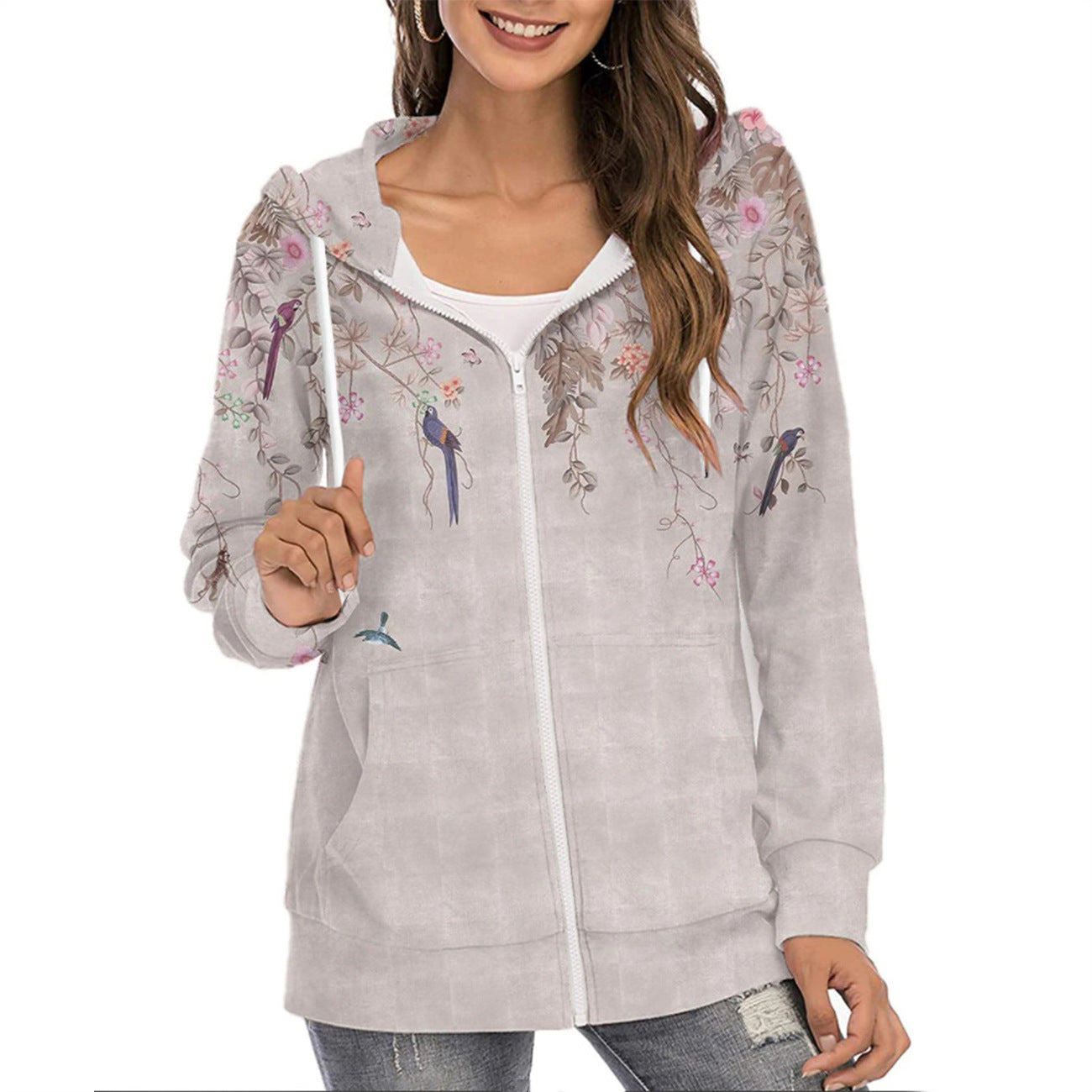 Women's Gradient Floral Print Zipper Commuter Hoodie