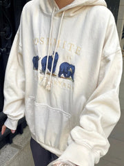Cozy Bear Embroidered Beige Velvet Hoodie