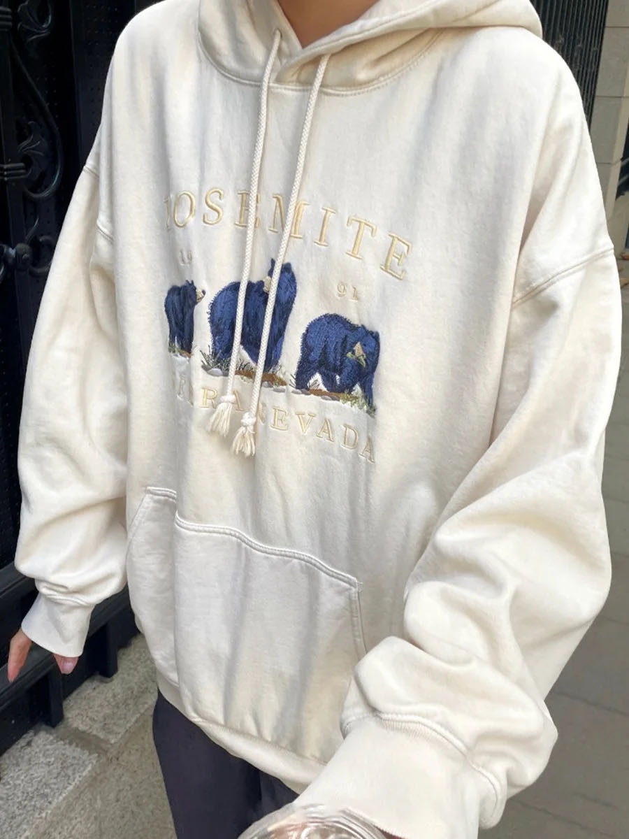 Cozy Bear Embroidered Beige Velvet Hoodie