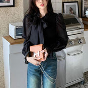 Stand Collar Tie-up Slim-fit Temperament Wild Stitching Shirt