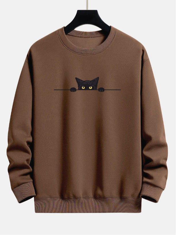 Cute Cat Print Round Neck Casual Pullover Sweater