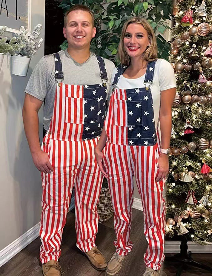 American Flag Denim Couple Overalls & Patriotic Suspender Pants