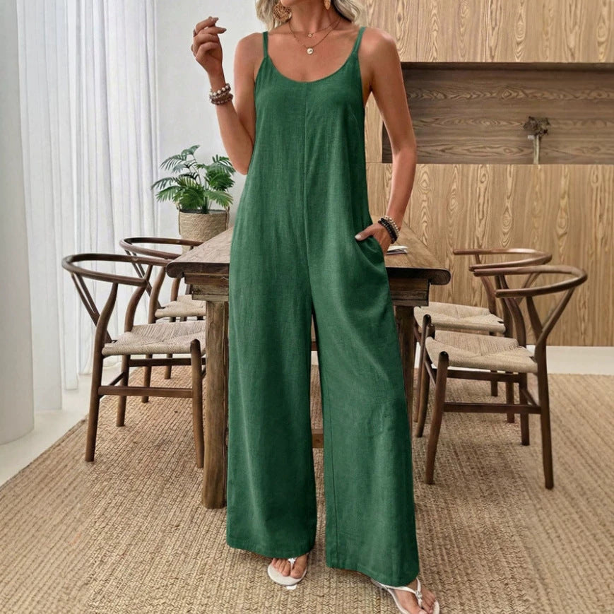 Womens Casual Resort-style Loose-fit Strap Solid-color Jumpsuit