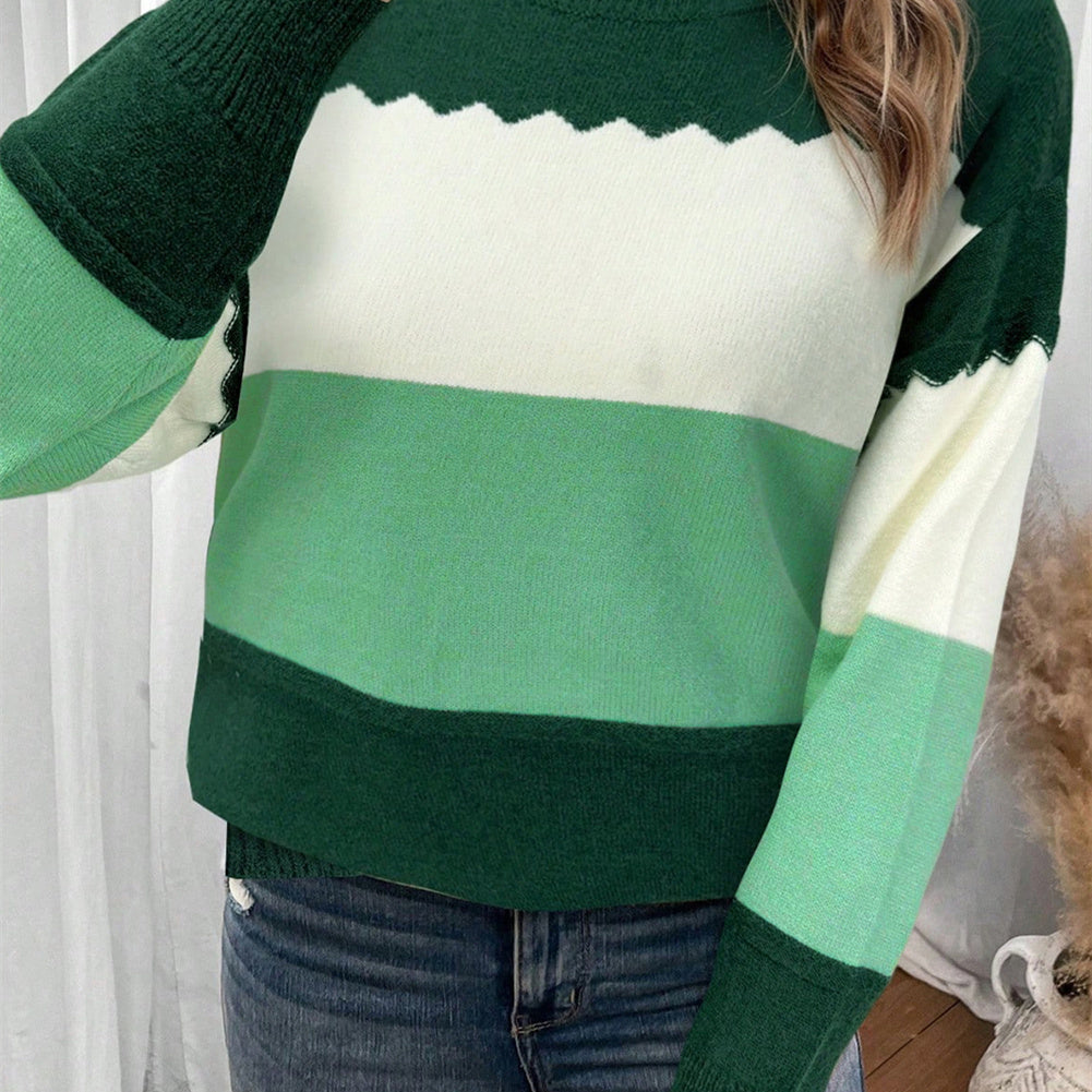Women's Pullover Round Neck Long Sleeves Color Matching Sweater