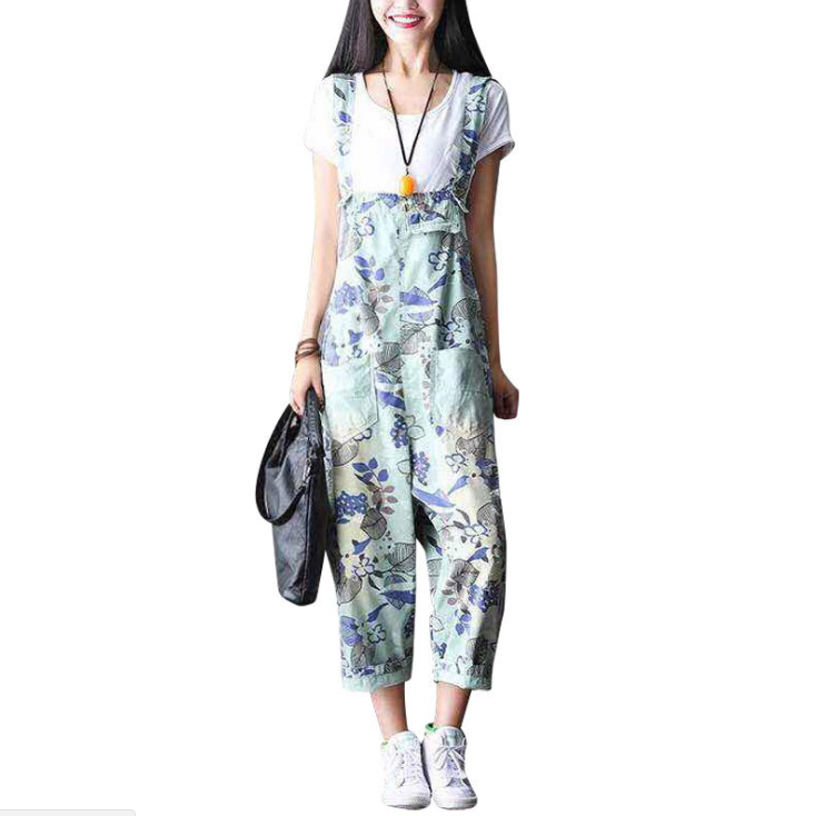 Casual Loose Floral Print Cotton Overalls for Women