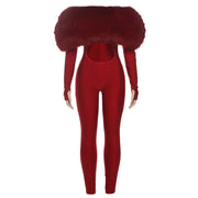 Sexy Off-Shoulder Furry Stitching Long Sleeve Jumpsuit