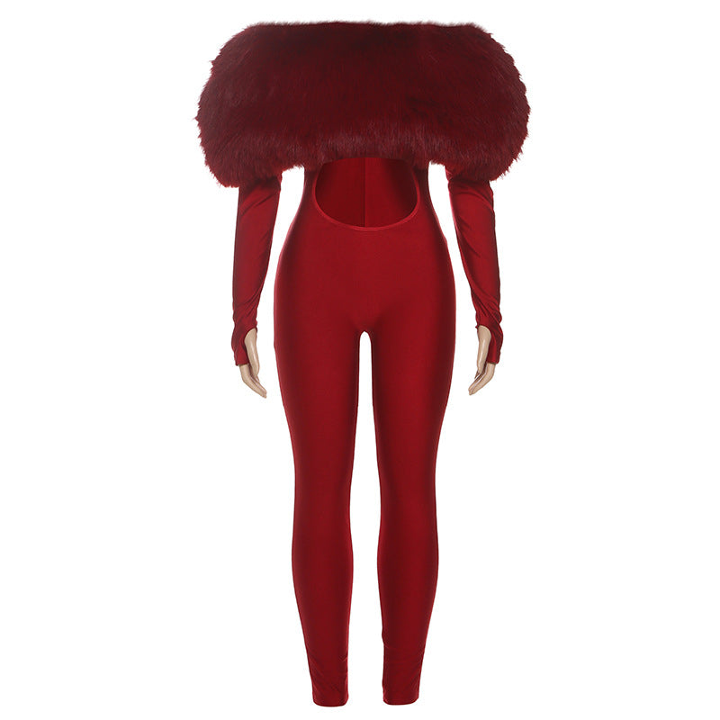 Sexy Off-Shoulder Furry Stitching Long Sleeve Jumpsuit